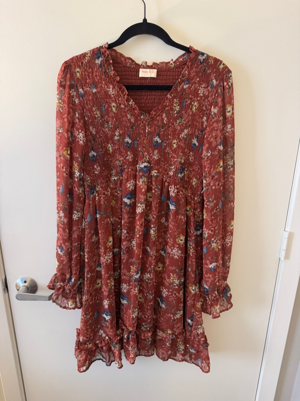 Rust Floral Smocked V-Neck Mini Dress